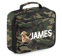 Personalised Golden Retriever Lunch Box Kids Boys Girls Dog Puppy Back to School Accessories Toddlers, 24cm x 20cm x 8cm, Camo