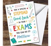 Personalised Good Luck In Exams Card For Stepdad Bright Doodle | Custom Greetings Card For Good Luck In Exams Any Text Inside & Out