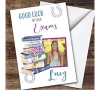 Personalised Good Luck In Your Exams Card For Anyone Photo Purple Books | Personalized Custom Unique Greetings Card For Good Luck In Your Exams Any Text