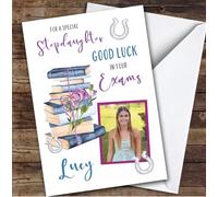 Personalised Good Luck In Your Exams Card For Stepdaughter Photo Purple Books | Personalized Custom Unique Greetings Card For Good Luck In Your Exams Any Text