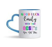 Personalised Good Luck with Your GCSEs Mug, Add 'Any Name' You've got This Gift, Exam Good Luck Gift Heart Handle Coffee, Tea Mug. (Blue)