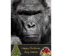 Personalised Gorilla Christmas Card (Happy Christmas, Any Name) - Custom Xmas Card for Him or Her Male Female Kids Boys Girls