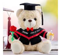 Personalised Graduation Bear Class of 2025 - Custom Text or Name, White Teddy Bear with Rose & Bow for Her High School or College Graduation Gift (8-IN-Text)