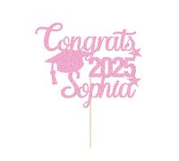 Personalised Graduation Cake Topper Class of 2025 Cake Topper Graduation Gifts Double-Sided Glitter Congrats Cake Toppers with Any Name for School College Senior Cake Decorations (Baby Pink)