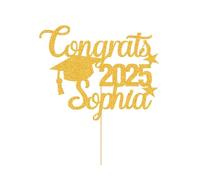 Personalised Graduation Cake Topper Class of 2025 Cake Topper Graduation Gifts Double-Sided Glitter Congrats Cake Toppers with Any Name for School College Senior Cake Decorations (Gold)