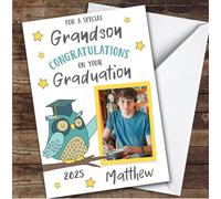 Personalised Graduation Card For Grandson Photo Green Owl | Custom Greetings Card For Graduation Any Text Inside & Out