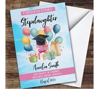 Personalised Graduation Card For Stepdaughter Balloons Gift Blue | Custom Greetings Card For Graduation Any Text Inside & Out