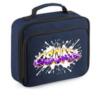 Personalised Graffiti Name Lunch Bag Boys Girls Paint Splatter Design Back to School Nursery Gift New Term Infant Present, 24cm x 20cm x 8cm, Navy
