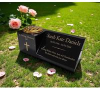 Personalised Granite Memorial Vase & Plaque Combination - Cross Design - Solid Black Granite with Free Engraving & Gold Flower Insert - Outdoor Cemetery or Garden Memorial