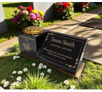 Personalised Granite Memorial Vase & Plaque Combination - Floral Design - Solid Black Granite with Free Engraving & Gold Flower Insert - Outdoor Cemetery or Garden Memorial