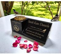 Personalised Granite Memorial Vase & Plaque Combination - Robin Design - Solid Black Granite with Free Engraving & Gold Flower Insert - Outdoor Cemetery or Garden Memorial