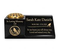 Personalised Granite Memorial Vase & Plaque with Robin Design | Personalise with wording & portrait. Solid black granite, 16 x 6 x 6in, approx. 20kg, with removable flower insert.