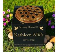 Personalised Granite Memorial Vase- Solid Granite - Free Gold Engraving and Gold Metal Flower Insert- Best for Outdoor Cemetery Use (7 x 7 x 7)