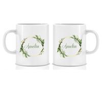 Personalised Green Ceramic Mug with Botanical Wreath Design, Custom Name Coffee Cup, Gift