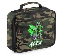 Personalised Green Dirtbike Lunch Bag for Kids Off Road Motorbike Back to School Nursery Lunchbox, 24cm x 20cm x 8cm, Camo