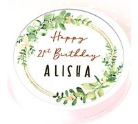 Personalised Green Foliage Cake Topper - 7.5" Round - Birthday Wedding Party Celebration Engagement - Icing or Wafer (Edible Wafer)