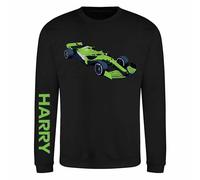Personalised Green Racing Car Kids Sweatshirt Custom sweatshirt for Boys & Girls, Formula InspiGreen Motorsport Sweatshirt - Black 9-11 Years