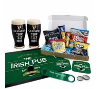Personalised Guinness Home Bar Set - Engraved Pint Glasses, 42cm Bar Mat, Coasters & Bottle Blade Opener - Custom Home Pub Gift with Classic Snacks - Personalised Name, Year & Slogan