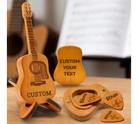 Personalised Guitar Pick Holder with Name Text,Custom Guitar Pick Storage Case with 3 Engraved Wooden Picks,Customised Guitar Shape Gifts for Guitarists Music Lovers Him Her