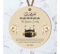 Personalised Hajj Mubarak Bauble Celebration Ornament - Custom Family Name & Date Kaaba Keepsake Hanging Decoration for Islamic Eid Hajj Celebration (Beige, MDF Wood)