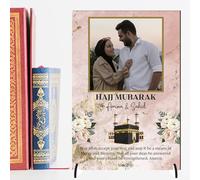 Personalised Hajj Mubarak Celebration Photo Plaque with Kaaba & Custom Couple Photo - Islamic Keepsake Gift for Hajj Family & Friends Thoughtful Sign (Pink, MDF Wood)