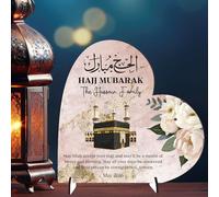 Personalised Hajj Mubarak Freestanding Heart Plaque - Custom Family Name & Date Islamic Kaaba Keepsake Gift for Celebration of Hajj Pilgrims Thoughtful Muslim Sign (Pink, MDF Wood)