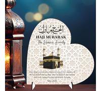 Personalised Hajj Mubarak Freestanding Heart Plaque - Custom Family Name & Date Islamic Kaaba Keepsake Gift for Celebration of Hajj Pilgrims Thoughtful Muslim Sign (Beige, MDF Wood)