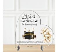 Personalised Hajj Mubarak Freestanding Heart Plaque - Custom Family Name & Date Islamic Kaaba Keepsake Gift for Celebration of Hajj Pilgrims Thoughtful Muslim Sign (White/Clear, Acrylic)