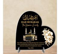 Personalised Hajj Mubarak Freestanding Heart Plaque - Custom Family Name & Date Islamic Kaaba Keepsake Gift for Celebration of Hajj Pilgrims Thoughtful Muslim Sign (Black, Acrylic)