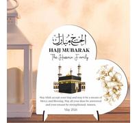 Personalised Hajj Mubarak Freestanding Heart Plaque - Custom Family Name & Date Islamic Kaaba Keepsake Gift for Celebration of Hajj Pilgrims Thoughtful Muslim Sign (White/Clear, MDF Wood)
