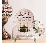 Personalised Hajj Mubarak Freestanding Heart Plaque - Custom Family Name & Date Islamic Kaaba Keepsake Gift for Celebration of Hajj Pilgrims Thoughtful Muslim Sign (Pink, Acrylic)