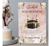 Personalised Hajj Mubarak Plaque with Kaaba Design - Islamic Keepsake Celebration Gift for Family Hajj Celebration - Decorative Freestanding Muslim Sign (Pink, Acrylic)