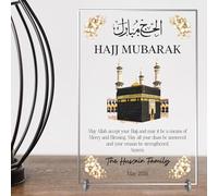 Personalised Hajj Mubarak Plaque with Kaaba Design - Islamic Keepsake Celebration Gift for Family Hajj Celebration - Decorative Freestanding Muslim Sign (Clear/White, Acrylic)