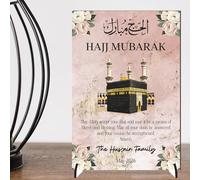 Personalised Hajj Mubarak Plaque with Kaaba Design - Islamic Keepsake Celebration Gift for Family Hajj Celebration - Decorative Freestanding Muslim Sign (Pink, MDF Wood)