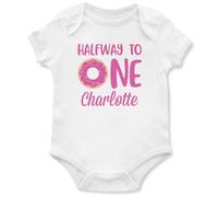 Personalised Halfway to One Babygrow Babies Girls Donut 6th Month Old Baby Vest Gift, 12-18 Months, White
