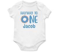 Personalised Halfway to One Boys Babygrow Babies Donut 6th Month Old Milestone Baby Vest Gift, 0-3 Months, White