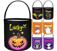 Personalised Halloween Basket Kids Custom Trick or Treat Bucket Halloween Bags Name Customised Candy Bag Gift for Boy Girl Youth, Canvas