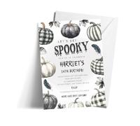 Personalised Halloween Birthday Party Invites x 10, Monochrome Pumpkins