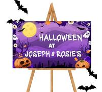Personalised Halloween Home Or Party Welcome Board MDF Wood 4 Design Options Pumpkin Grave Yard Scenes Custom AT THE Surname or AT names Sign (Purple Grave Yard, AT (Two names))