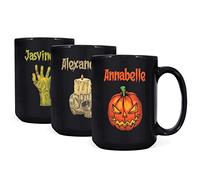 Personalised Halloween Mugs for Adults or Kids, Different Designs Available Including Cute Designs for Young Children, Halloween Party Decoration, Black Mug with Name and Pumpkin Image, 15oz, 3 Pack
