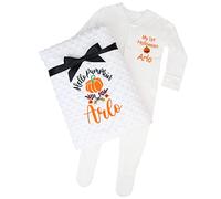 Personalised Halloween Pumpkin Baby Sleepsuit & Bubble Blanket Set (6-12 Months)