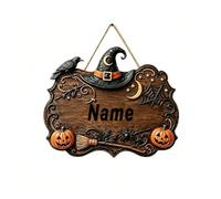 Personalised Halloween Sign, Wooden Door Hanger with Black Cat Design | Custom Text or Number, 30 x 21.5 cm Quare Wooden Sign with Witch Hat & Pumpkin, Hanging Rope for Front Door and Porch