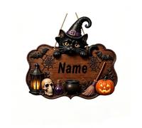Personalised Halloween Sign, Wooden Door Hanger with Black Cat Dessign | Custom Text or Number, 30 x 21.5 cm Quare Wooden Sign with Witch Hat & Pumpkin, Hanging Rope for Front Door and Porch
