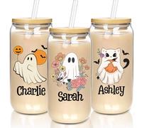 Personalised Halloween Tumbler-Personalised Glass Cup with Names- Can Shaped Glass with Lids and Straws18OZ -Cute Halloween Gifts for Boys Girls Kids Son Daughter