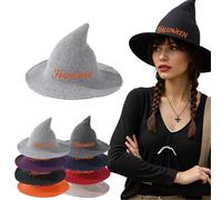 Personalised Halloween Witch Hat Embroidered with Your Name, Solid Color Witch Pointed Cap Foldable, Cosplay Costume Accessory Party Prop Carnival Wide Brim Daily Headwear (Light Gray)