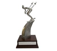Personalised Hand Crafted Cast Metal Silver skier Downhill skiing Racing Trophy Award on Wooden Base With Engraved Plaque - Enter Your Own Custom Text