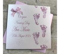 Personalised Handmade Card - Naming Day Pink Baby Footsteps