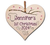 Personalised Handmade Christmas Hanging Wooden Heart Plaque Decoration Gift to celebrate baby xmas 2024 newborns parents festive bauble