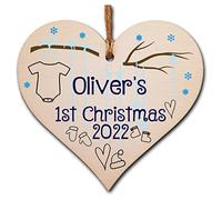Personalised Handmade Christmas Hanging Wooden Heart Plaque Decoration Gift to celebrate baby xmas 2024 newborns parents festive bauble