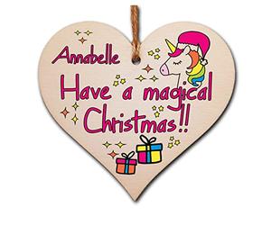 Personalised Handmade Christmas Hanging Wooden Heart Plaque Decoration Gift to wish someone special a magical merry xmas novelty unicorn fun festive bauble